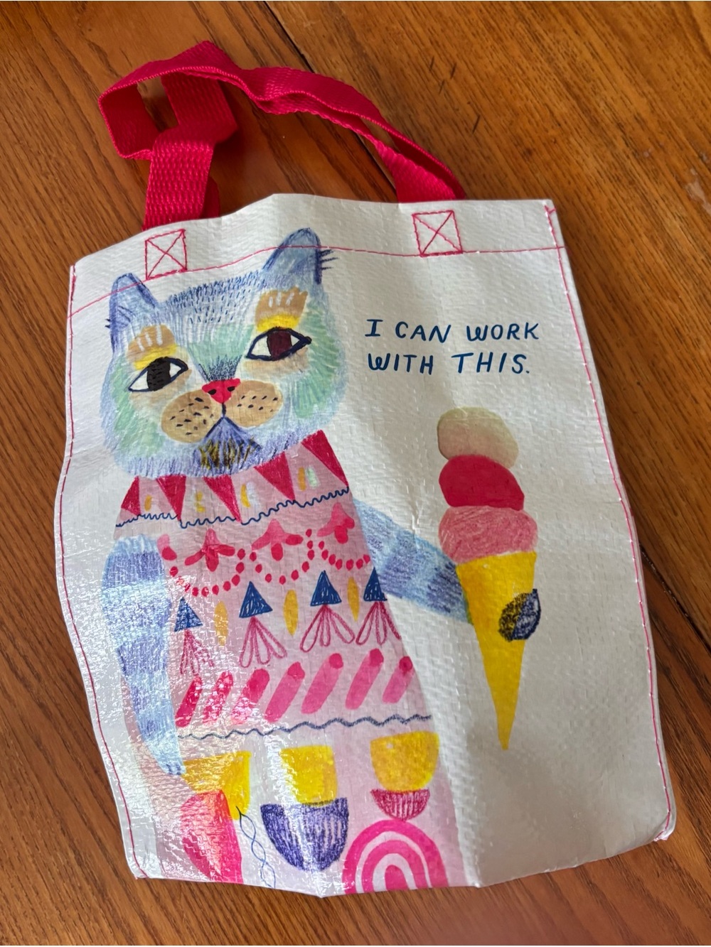 Bright Pink Cat Tote Bag with Ice Cream Graphic - Blue Q